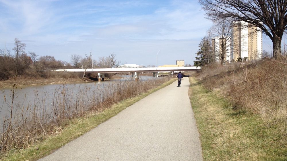 The Olentangy Trail with views of the Olentangy River, and Lincoln and Morrill Towers.